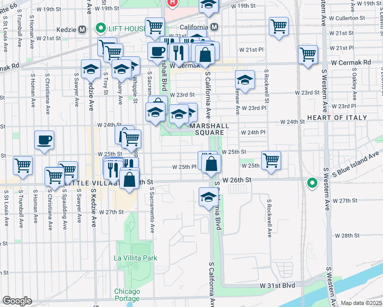 map of restaurants, bars, coffee shops, grocery stores, and more near 2443 South Francisco Avenue in Chicago