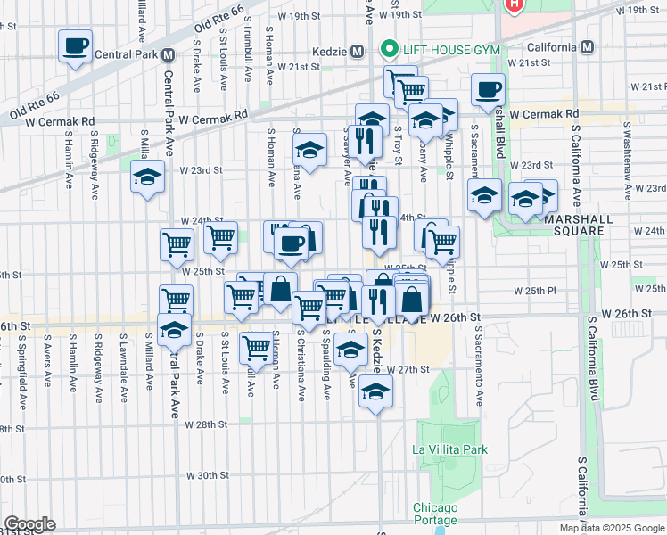 map of restaurants, bars, coffee shops, grocery stores, and more near 2436 South Sawyer Avenue in Chicago