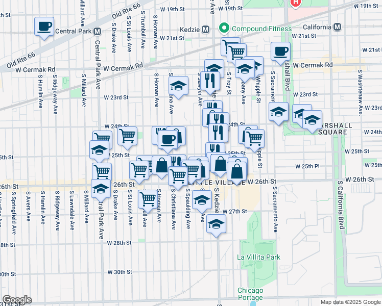 map of restaurants, bars, coffee shops, grocery stores, and more near 2436 South Sawyer Avenue in Chicago