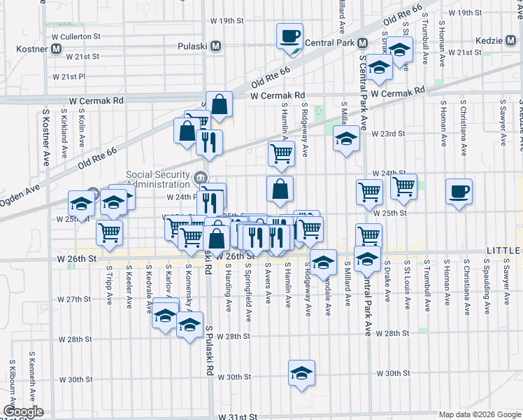 map of restaurants, bars, coffee shops, grocery stores, and more near 2428 South Avers Avenue in Chicago