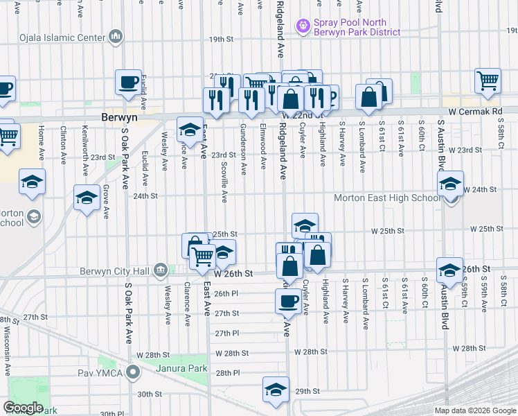 map of restaurants, bars, coffee shops, grocery stores, and more near 2401 Elmwood Avenue in Berwyn