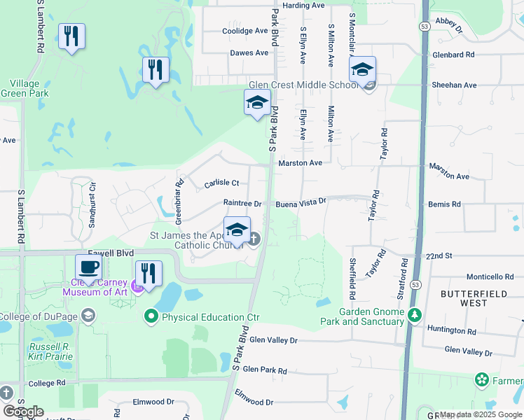 map of restaurants, bars, coffee shops, grocery stores, and more near 626 Buena Vista Drive in Glen Ellyn