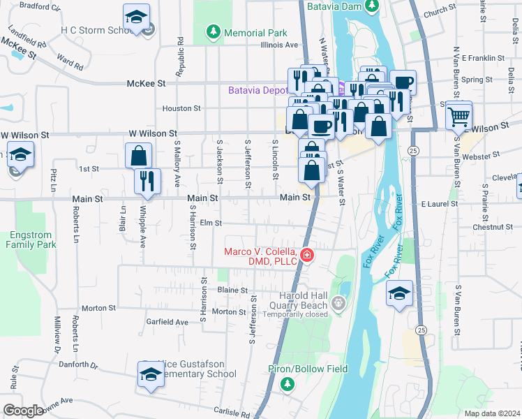 map of restaurants, bars, coffee shops, grocery stores, and more near 433 Main Street in Batavia