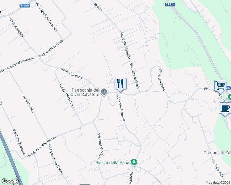 map of restaurants, bars, coffee shops, grocery stores, and more near 2 Via Prati di Mainello in Zagarolo