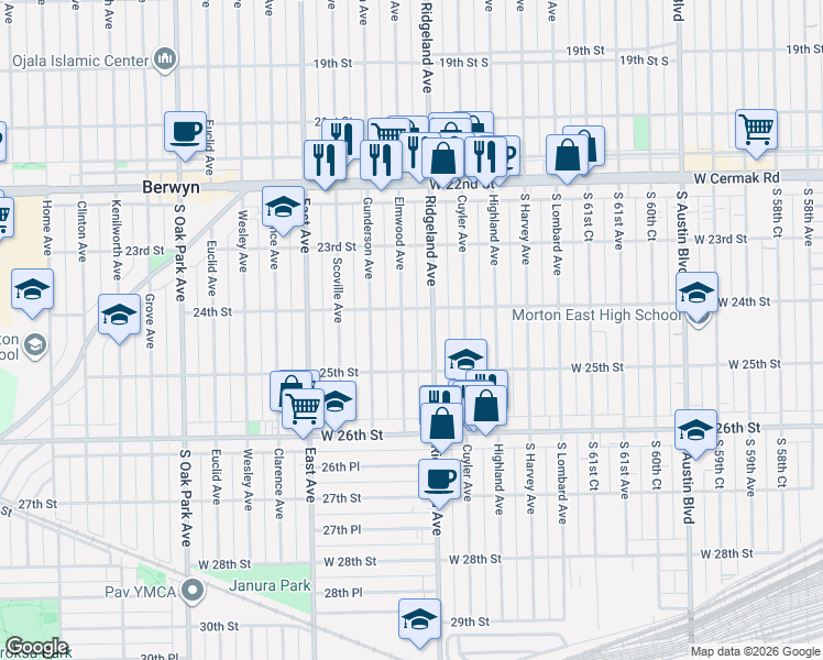 map of restaurants, bars, coffee shops, grocery stores, and more near 2401 Elmwood Avenue in Berwyn
