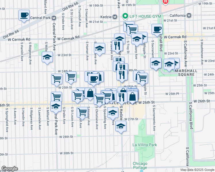 map of restaurants, bars, coffee shops, grocery stores, and more near 2436 South Sawyer Avenue in Chicago