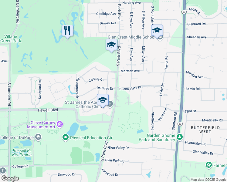 map of restaurants, bars, coffee shops, grocery stores, and more near 626 Buena Vista Drive in Glen Ellyn