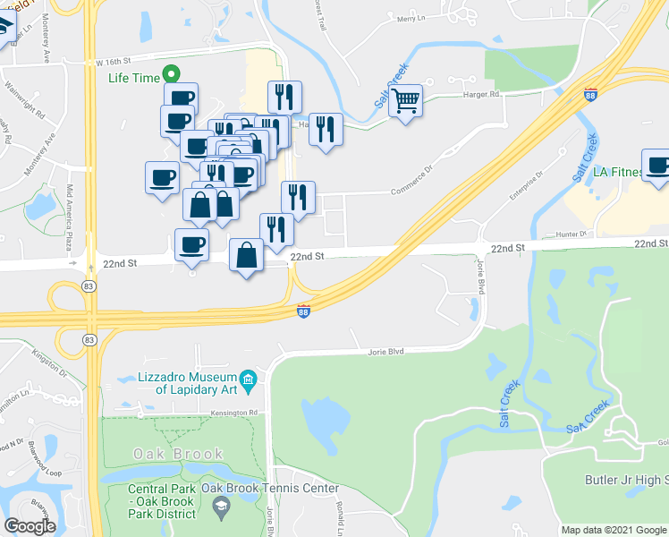 map of restaurants, bars, coffee shops, grocery stores, and more near 1111 W 22nd Street in Oak Brook