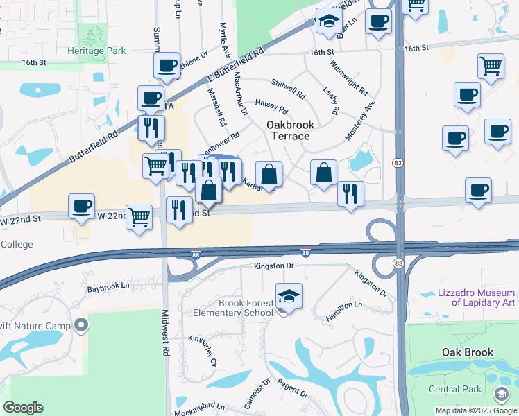 map of restaurants, bars, coffee shops, grocery stores, and more near 17 22nd Street in Oakbrook Terrace