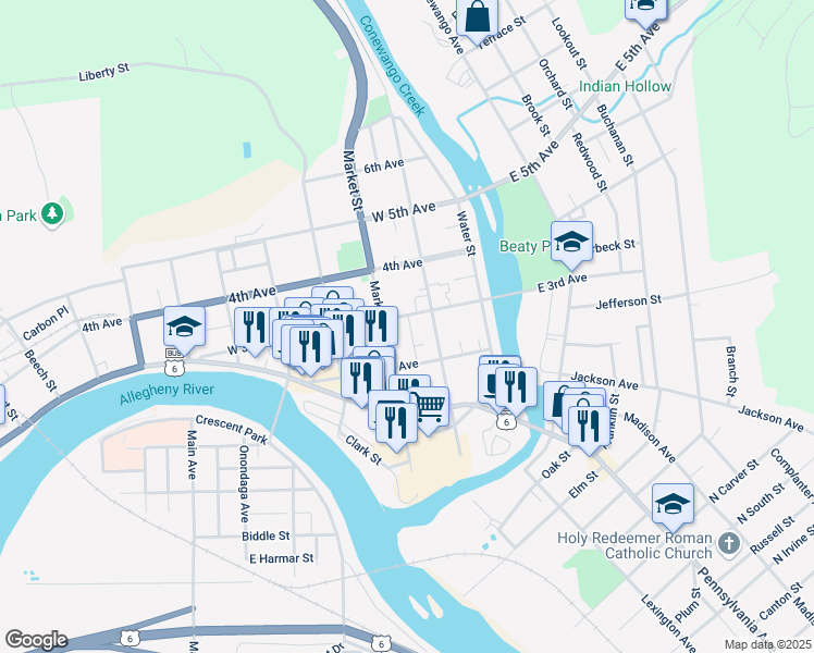 map of restaurants, bars, coffee shops, grocery stores, and more near 225 Watson Place in Warren