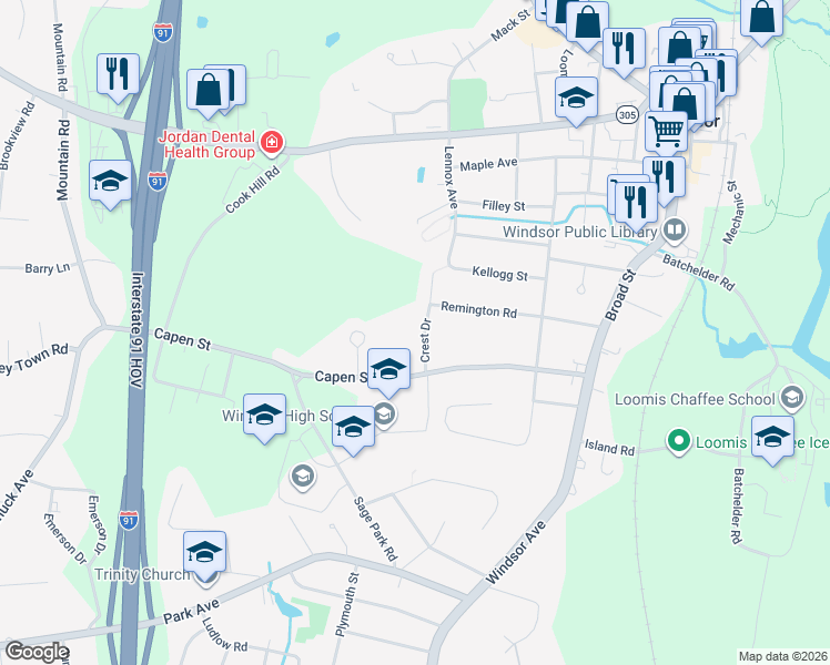 map of restaurants, bars, coffee shops, grocery stores, and more near 1345 Crest Drive in Windsor