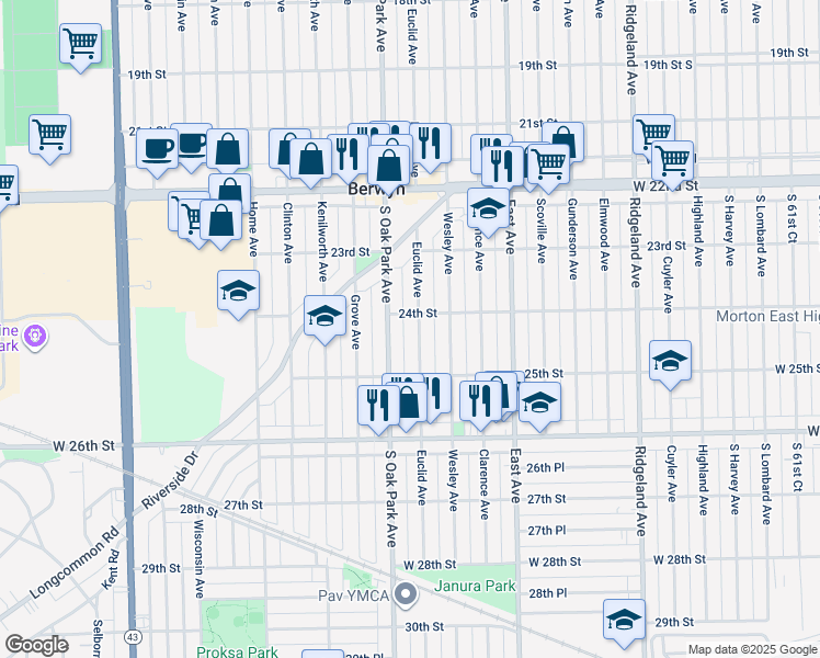 map of restaurants, bars, coffee shops, grocery stores, and more near 2344 Euclid Avenue in Berwyn
