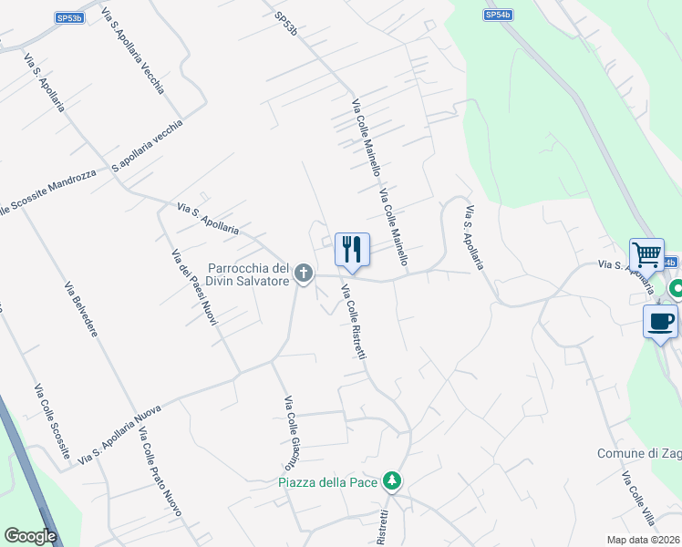 map of restaurants, bars, coffee shops, grocery stores, and more near 2 Via Prati di Mainello in Zagarolo