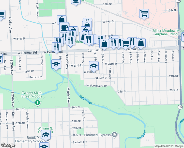 map of restaurants, bars, coffee shops, grocery stores, and more near 9000 West 23rd Place in North Riverside
