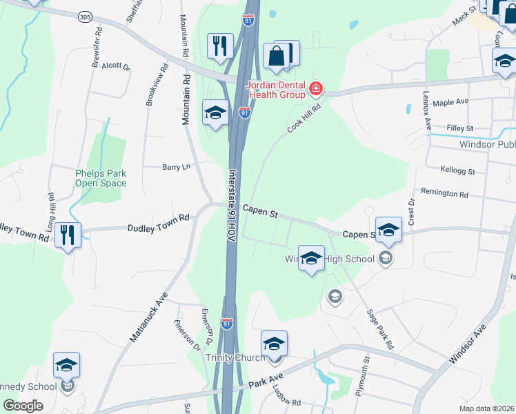 map of restaurants, bars, coffee shops, grocery stores, and more near 28 Cook Hill Road in Windsor