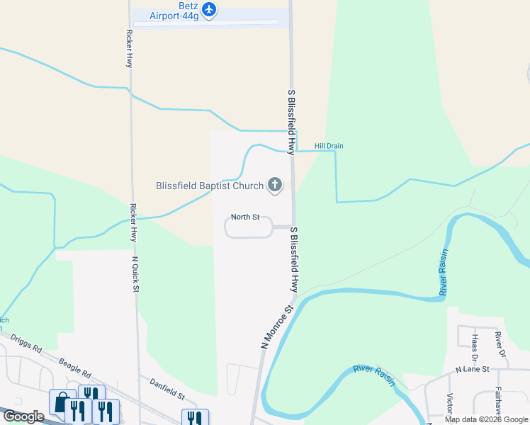 map of restaurants, bars, coffee shops, grocery stores, and more near 420 North Street in Blissfield