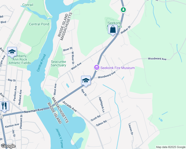 map of restaurants, bars, coffee shops, grocery stores, and more near 210 Newman Avenue in Seekonk