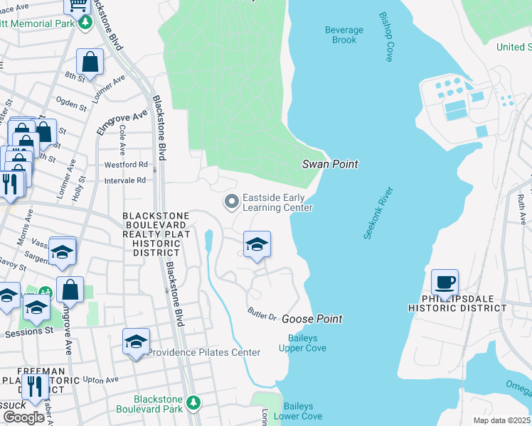 map of restaurants, bars, coffee shops, grocery stores, and more near 355 Blackstone Boulevard in Providence