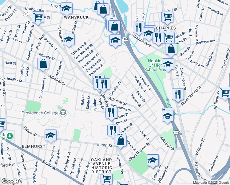 map of restaurants, bars, coffee shops, grocery stores, and more near 61 Tappan Street in Providence