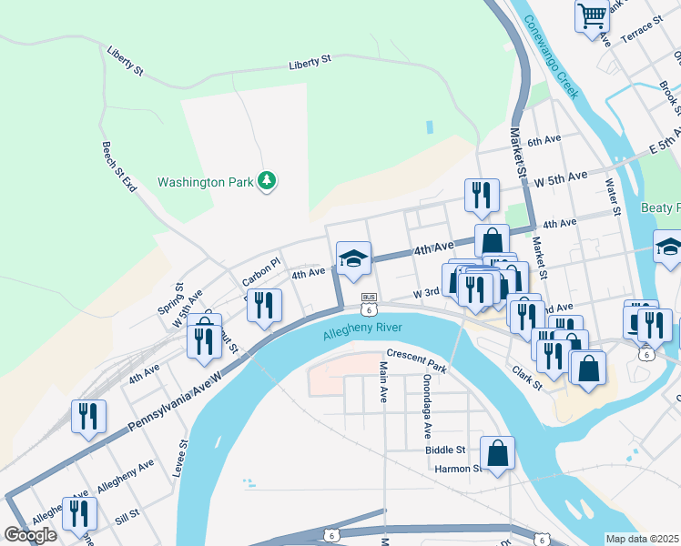 map of restaurants, bars, coffee shops, grocery stores, and more near 612 4th Ave in Warren