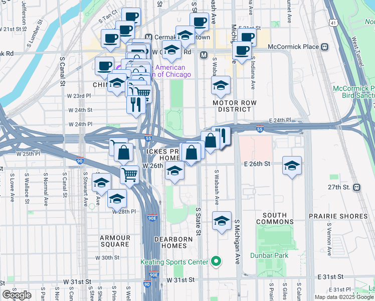 map of restaurants, bars, coffee shops, grocery stores, and more near 2444 South Dearborn Street in Chicago