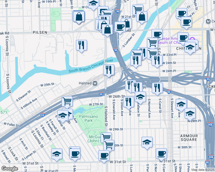 map of restaurants, bars, coffee shops, grocery stores, and more near 2505 South Archer Avenue in Chicago