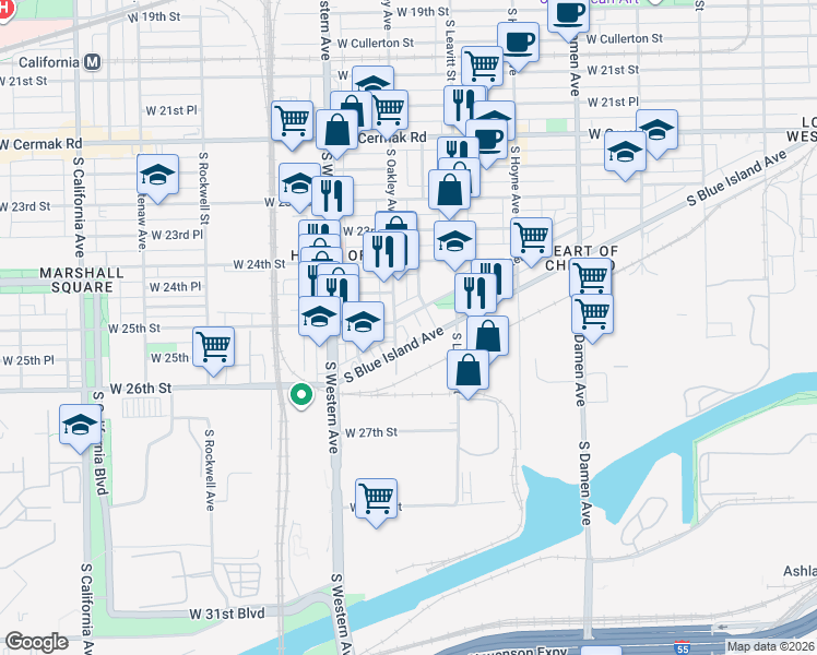 map of restaurants, bars, coffee shops, grocery stores, and more near 2254 West Coulter Street in Chicago
