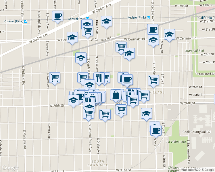 map of restaurants, bars, coffee shops, grocery stores, and more near 2430 South Saint Louis Avenue in Chicago