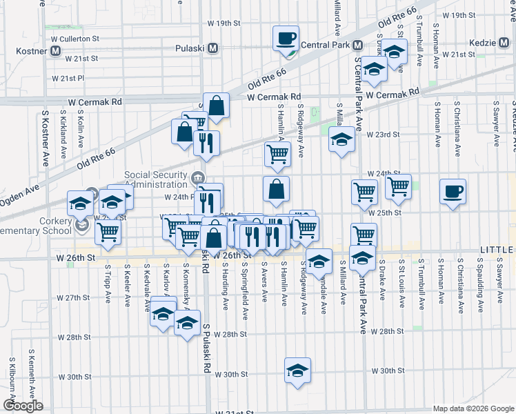 map of restaurants, bars, coffee shops, grocery stores, and more near 2428 South Avers Avenue in Chicago