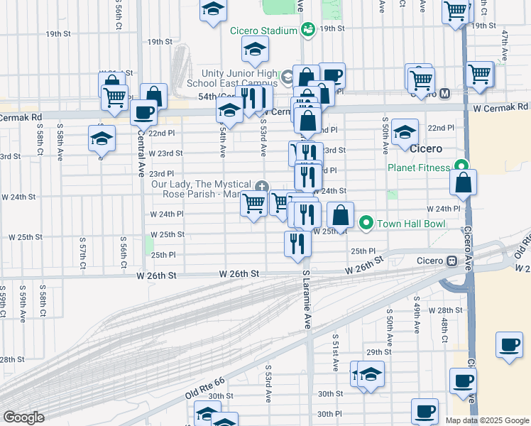 map of restaurants, bars, coffee shops, grocery stores, and more near 5242 West 24th Place in Cicero