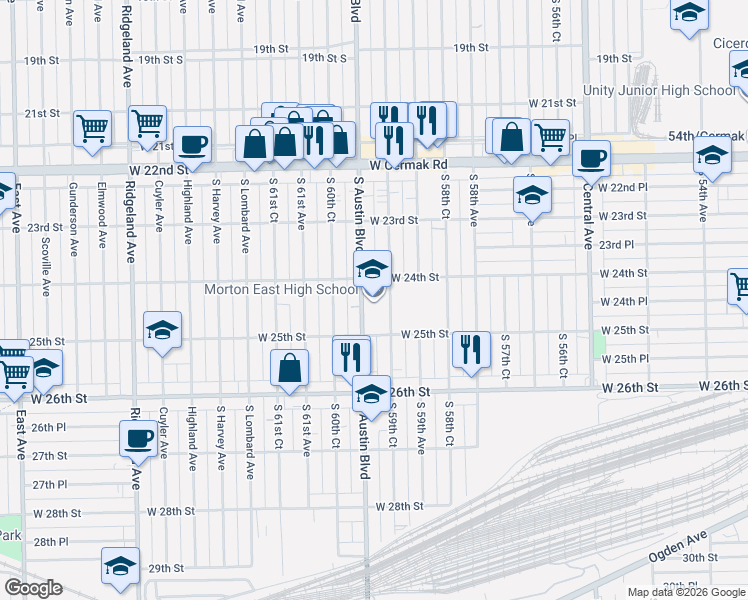 map of restaurants, bars, coffee shops, grocery stores, and more near 2344 South 59th Court in Cicero