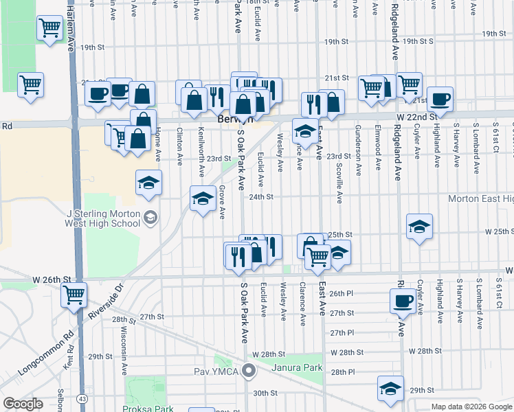 map of restaurants, bars, coffee shops, grocery stores, and more near 2344 Euclid Avenue in Berwyn
