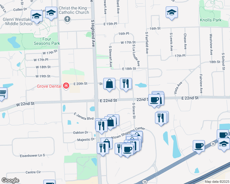 map of restaurants, bars, coffee shops, grocery stores, and more near 260 East 22nd Street in Lombard