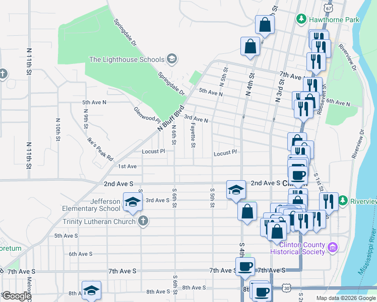 map of restaurants, bars, coffee shops, grocery stores, and more near 100-298 Fayette St in Clinton