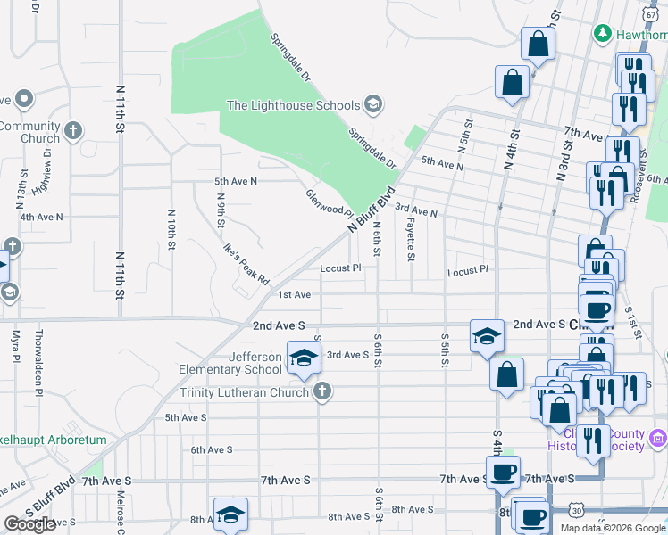 map of restaurants, bars, coffee shops, grocery stores, and more near 227 North Bluff Boulevard in Clinton