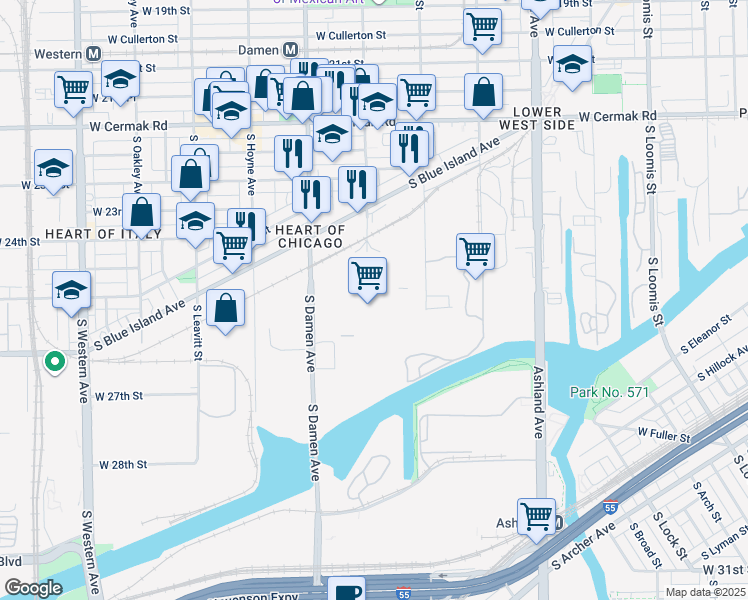 map of restaurants, bars, coffee shops, grocery stores, and more near 2404 South Wolcott Avenue in Chicago