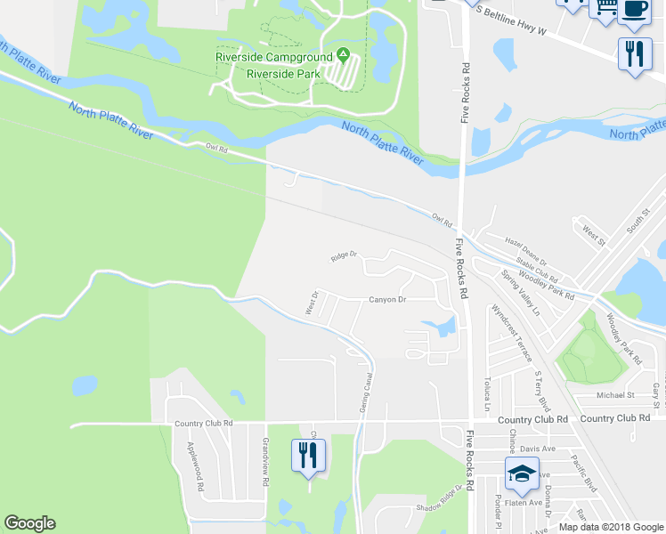 map of restaurants, bars, coffee shops, grocery stores, and more near 105 Ridge Drive in Gering