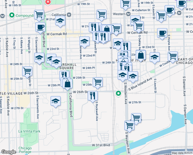 map of restaurants, bars, coffee shops, grocery stores, and more near S Rockwell St & W 25th St in Chicago