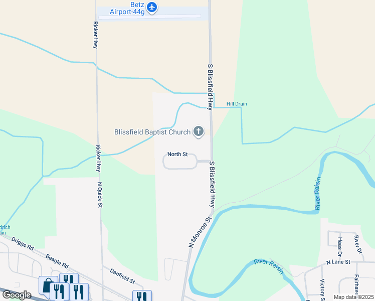 map of restaurants, bars, coffee shops, grocery stores, and more near 420 North Street in Blissfield