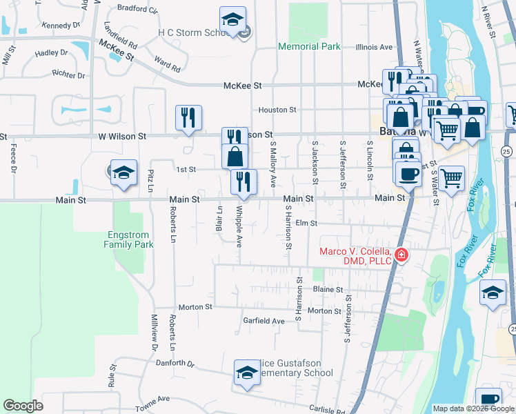 map of restaurants, bars, coffee shops, grocery stores, and more near in Batavia