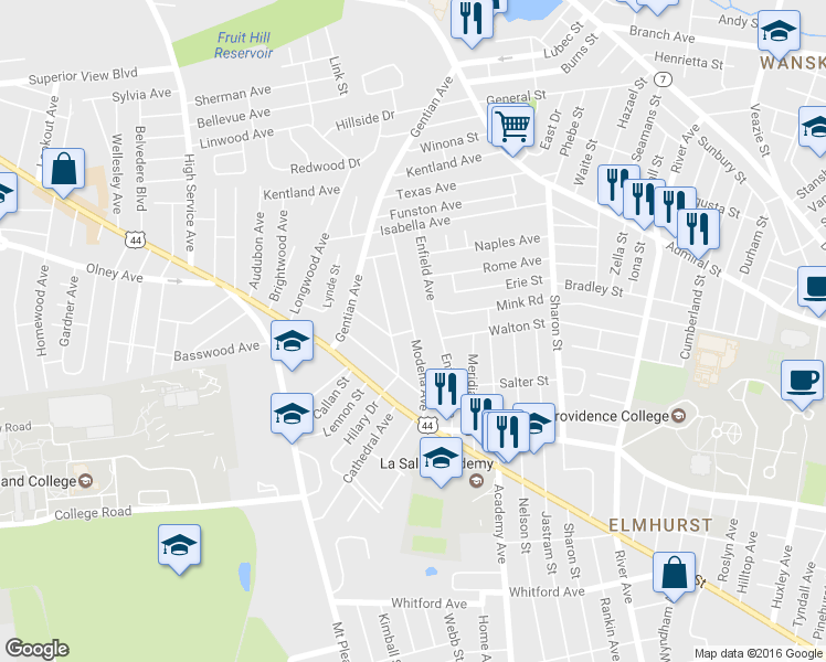 map of restaurants, bars, coffee shops, grocery stores, and more near 84 Modena Avenue in Providence