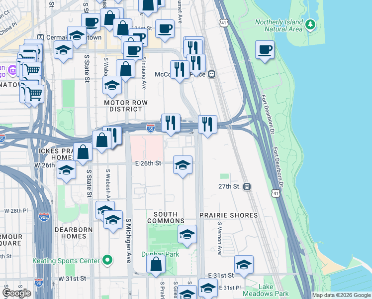 map of restaurants, bars, coffee shops, grocery stores, and more near 345 East Eastgate Place in Chicago