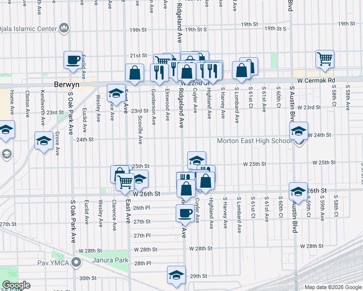 map of restaurants, bars, coffee shops, grocery stores, and more near 2401 Ridgeland Avenue in Berwyn