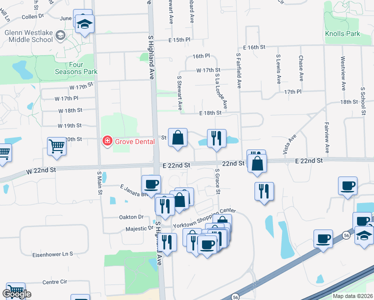 map of restaurants, bars, coffee shops, grocery stores, and more near 260 East 22nd Street in Lombard