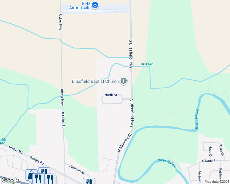 map of restaurants, bars, coffee shops, grocery stores, and more near 420 North Street in Blissfield