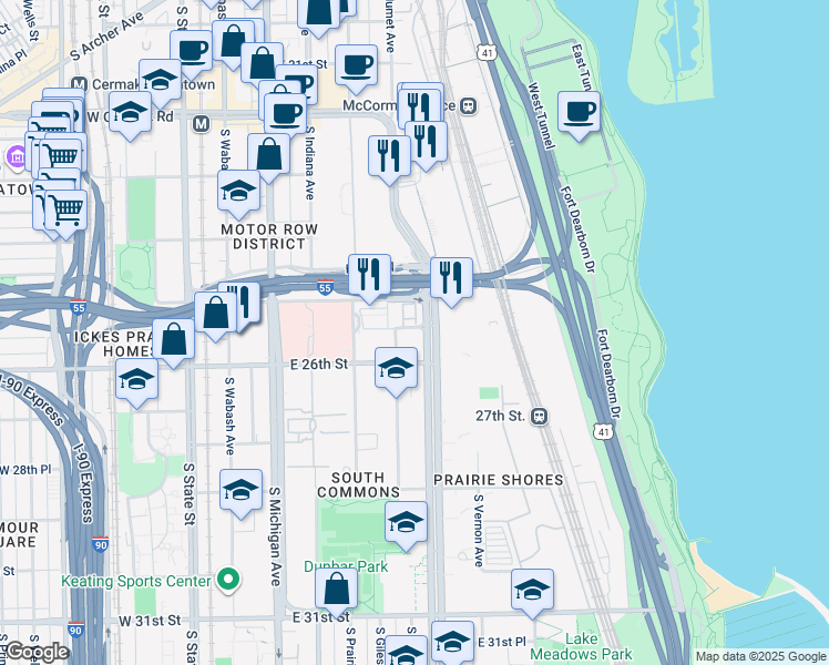 map of restaurants, bars, coffee shops, grocery stores, and more near 2520 South King Drive in Chicago