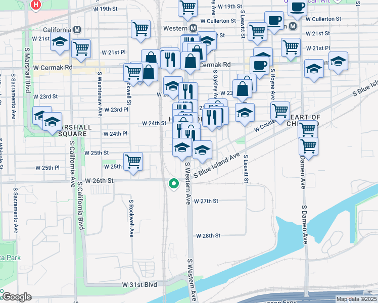 map of restaurants, bars, coffee shops, grocery stores, and more near S Western Ave & W 25th St in Chicago