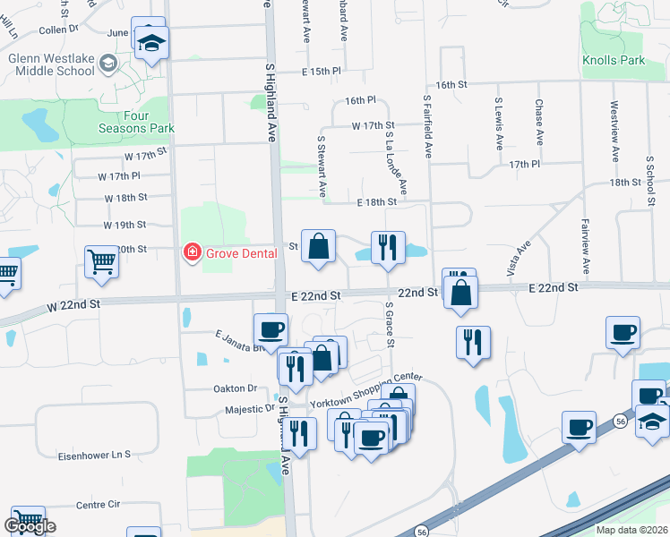 map of restaurants, bars, coffee shops, grocery stores, and more near 260 East 22nd Street in Lombard