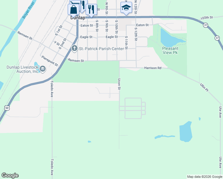 map of restaurants, bars, coffee shops, grocery stores, and more near 1104 Ucon Road in Dunlap