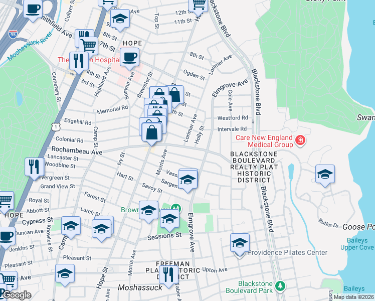 map of restaurants, bars, coffee shops, grocery stores, and more near 317 Rochambeau Avenue in Providence